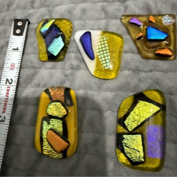 Set of 5 Dichroic Glass Art Pieces – Iridescent Abstract Yellow Mosaic - Picture 9 of 17